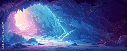 A mystical glacial cave with shimmering ice formations and an ethereal blue glow emanating from within. Vector flat minimalistic isolated illustration.