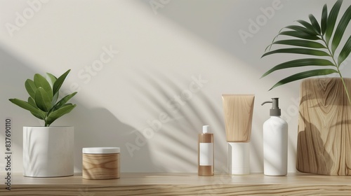 Ego-friendly cosmetics packaging mockup. Natural cosmetics for skin care. Blank craft label. Eco care product. Light background with leaves