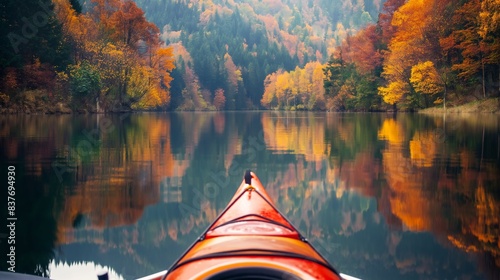 Point of view from a kayak heading towards a reflection of colorful autumn trees in a calm lake