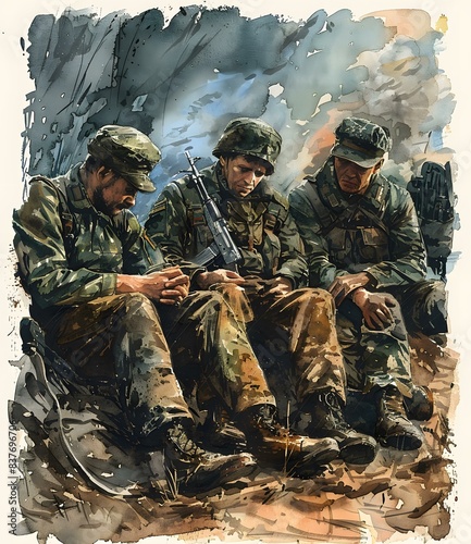 Three soldiers are praying before going into battle