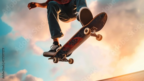 A skateboarder doing a stunt with the skateboard against a beautiful sunset sky, with face blurred for privacy