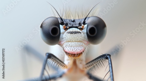 large black eyes, long proboscis on a white background, another white wall in the foreground