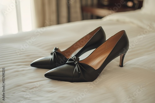 Schwarze Eleganz: High Heels mit Schleife auf dem Bett
