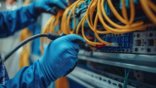 technician installing a ROADM (Reconfigurable Optical Add-Drop Multiplexer) in a network facility for dynamic wavelength routing