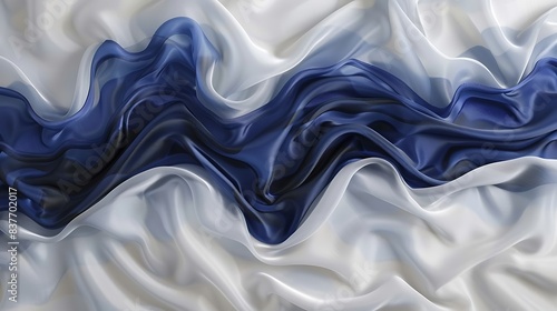 A contemporary art piece showcasing indigo waves on a white silk fabric