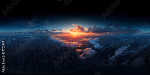 Evening sunset Skyline 8K 360 degree, equirectangular projection, environment map. HDRI spherical panorama.