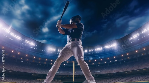 A baseball player in mid-swing captures the vibrancy of sports in a stadium under the illumination of floodlights