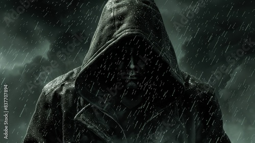  A man in a hooded jacket stands with his back to the heavy rain, head turned to the side Hands inserted in pockets, he faces the ominous, darkened sky