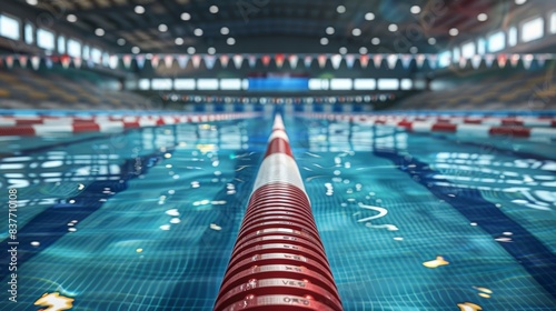  An Olympic swimming pool features a central red-white pole and a aligned row of identical red-white poles