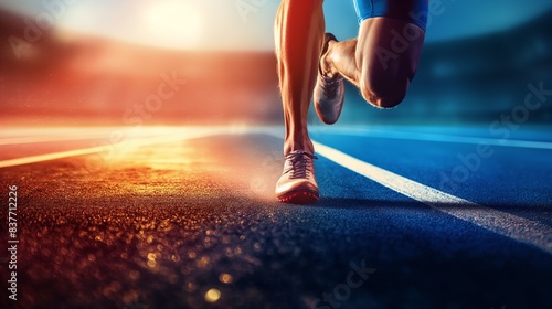 A close-up image captures a runner's powerful stride on a track during sunset, embodying speed and determination