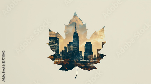 A stunning visual of a cityscape silhouette artfully embedded within the outline of an autumn leaf. The blend of urban architecture and nature creates a striking contrast