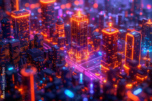 An abstract 3D pixel art representation of a cityscape at night, with glowing windows and neon lights,