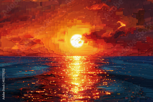 A digital mosaic of a sunset over the ocean, with 3D pixels creating a gradient of warm hues,