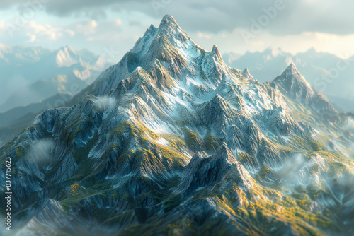 A 3D pixel art scene of a mountain range, with detailed textures and shades to represent different elevations,