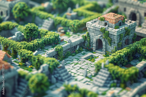 A 3D pixel art depiction of a complex maze, with raised pathways and intricate designs,