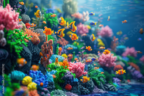 A 3D pixel art representation of an underwater scene, with colorful fish and coral reefs,