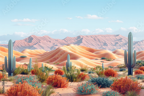 A 3D pixel art depiction of a desert landscape, with dunes and cacti in warm, sandy colors,