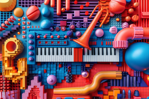 A 3D pixel art rendering of a musical theme, with abstract notes and instruments in bright colors,