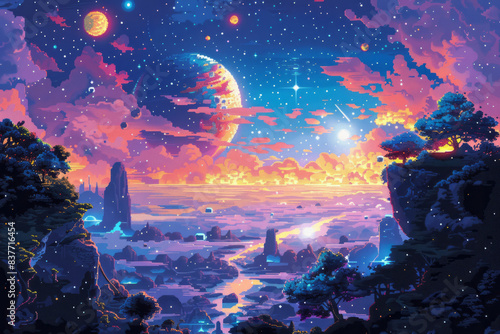 A 3D pixel art depiction of a cosmic scene, with planets, asteroids, and space phenomena in vibrant colors,