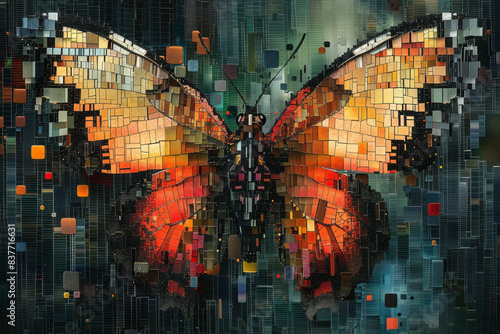 An abstract digital mosaic of a butterfly, with 3D pixels forming intricate wing patterns in various colors,