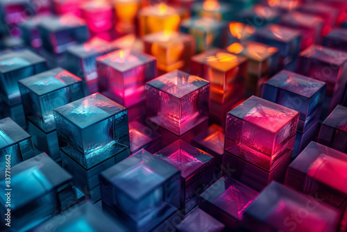 A grid of colorful 3D cubes forming a gradient from dark to light, creating a sense of depth and dimension,