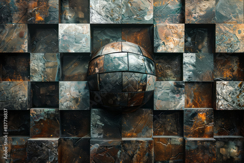 A digital mosaic of 3D cubes forming a geometric shape, such as a pyramid or sphere, within the grid,