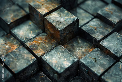 A close-up of a section of a pixel grid, showing detailed textures and shadows on the 3D cubes,