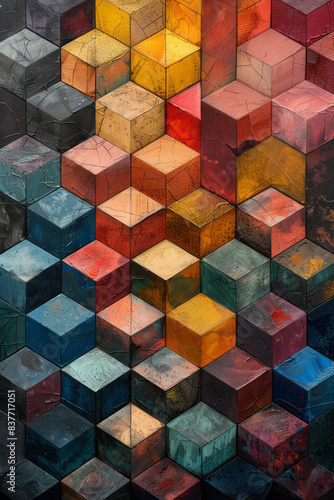 A pattern of 3D cubes in a pixel grid, with alternating colors to create a checkerboard effect,