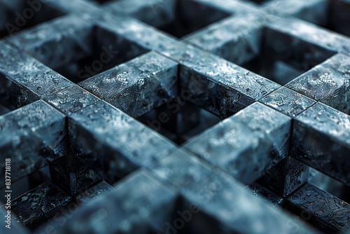 A visual of a pixel grid where 3D cubes are arranged in a fractal pattern, creating intricate details,