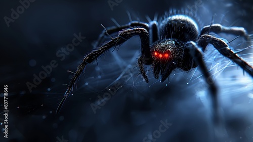  A tight shot of a spider, its eyes glowing red under a close-range red light Surrounding environment is dark, with a soft, blurred radiance emanating