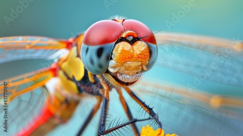  A tight shot of a dragonfly above a nearby flower, background softly blurred, showcasing its wing complex and head