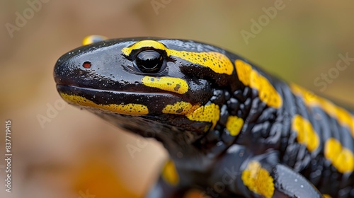 yellow specks adorn its head and back legs Surrounding area blurred, consisting of yellow and brown