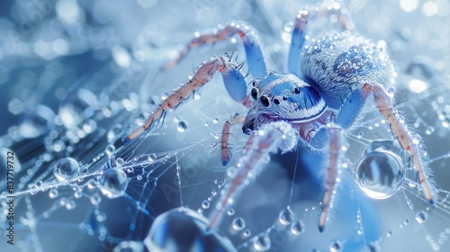  A detailed shot of a blue spider, featuring water droplets adorning its back legs The spider's frame is encircled by the intricate design of its