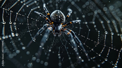  A tight shot of a spider's web, adorned with droplets of water against a black backdrop White and orange specks decorate the web's front