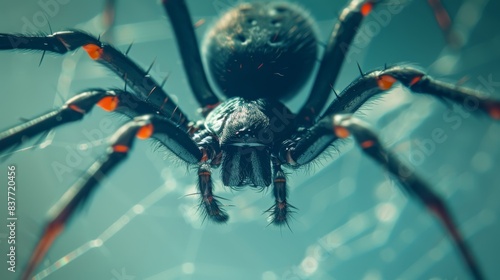  A close-up of a spider in the center of a blue background, surrounded by interconnected spider webs