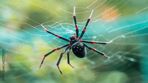  A tight shot of a spider with red-and-black striped legs, perched on a web against a hazy backdrop of green foliage