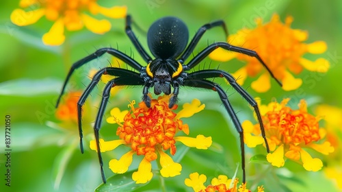  A black-and-yellow spider sits atop a yellow-red bloom, teeming with yellow and orange blossoms, on a verdant plant overflowing with yellow