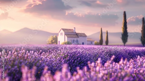 Charming countryside cottage in a lavender field at sunset, with mountains in the background and clear sky.