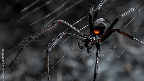  A tight shot of a spider on its web against a black-and-white backdrop The arachnid's gaze is accentuated by a crimson spotlight focusing on