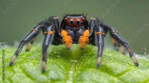  A tight shot of a black and orange spider atop a moist green leaf Its back legs bear droplets of water The front ends of its legs display a striking black and orange