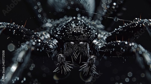 drops of water cling to its back legs The spider's head faces forward, positioned at its rear end against a dark background
