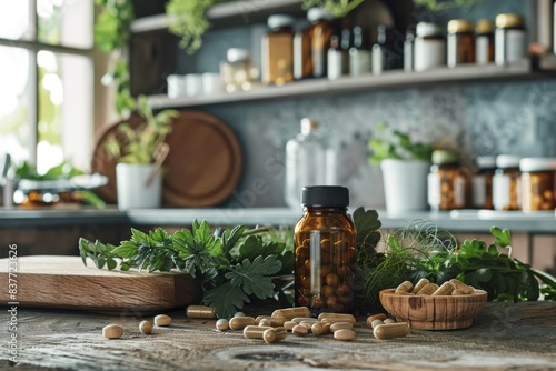 Capsules and bottles of essence of natural medicine with medicinal plants on wooden table in rustic kitchen. Front view. Horizontal composition.