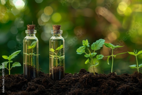 Bottles with essence liquid and plants inside on soil and green nature background. 