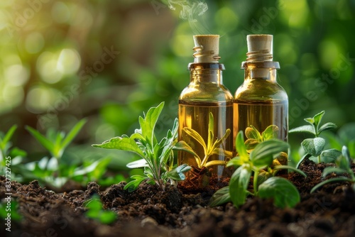 Bottles with essence liquid and plants inside on soil and green nature background. Alternative natural medicine concept. Front view. Horizontal composition.