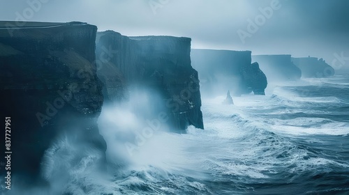 Cliffside scenic viewpoint, rugged coastline, stormy sea close up, focus on, copy space Double exposure silhouette with dramatic cliffs