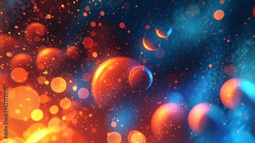 Multiple bubbles against a backdrop of blue, orange, and red; denser bubble cluster in the center