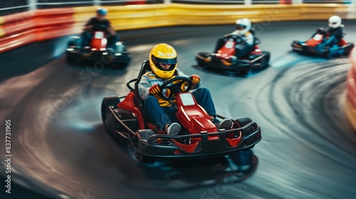 Racer in yellow helmet driving a go-kart at high speed on an indoor racing track with competitors