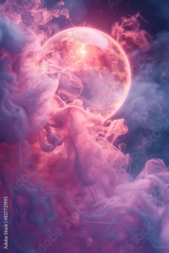An ethereal orb glowing with soft, pink and lavender light, enveloped by cloudy tendrils,