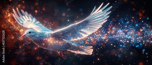 A majestic white dove in flight with sparkles and light trails against a dark background, symbolizing peace and freedom.