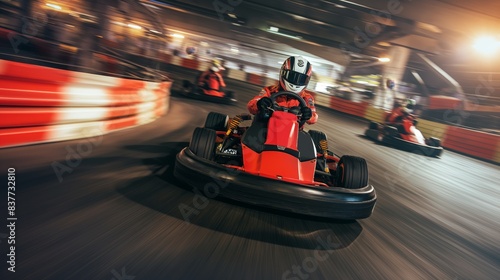 Action-packed image of a go-kart racer sharply cornering on an indoor racing track with motion blur